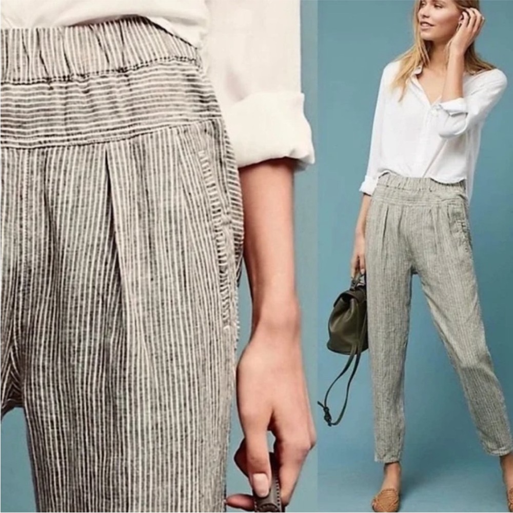 Anthropologie Hei Hei Pants M Black White Linen Stripe Lagenlook Cropped Pull-on